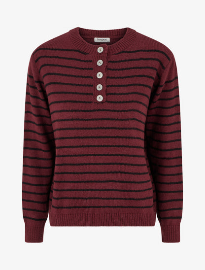 Pull rayé ample col boutonné - Bordeaux - 1