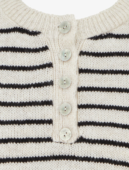 Pull rayé ample col boutonné - Écru - 3