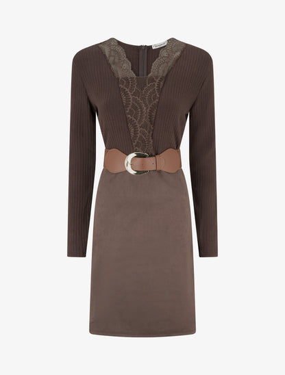 Robe droite bimatière à détail dentelle - Marron - 1