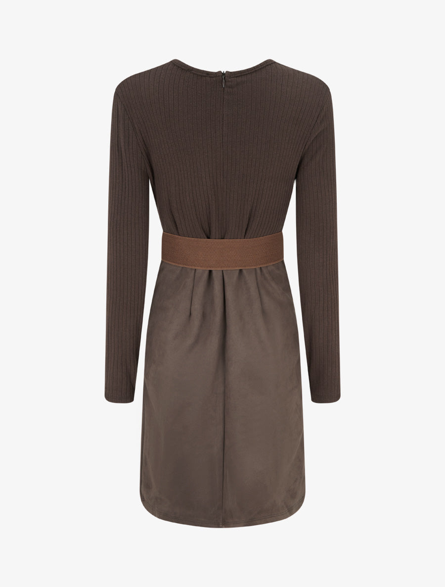 Robe droite bimatière à détail dentelle - Marron - 2