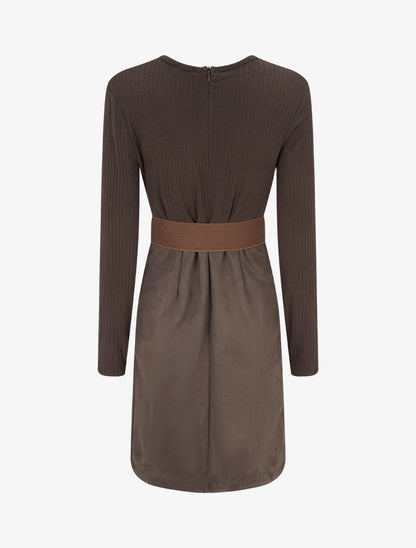 Robe droite bimatière à détail dentelle - Marron - 2