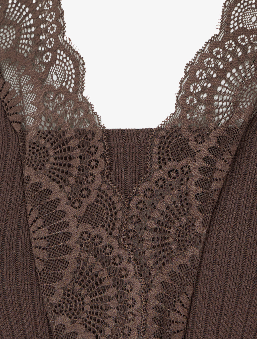 Robe droite bimatière à détail dentelle - Marron - 3