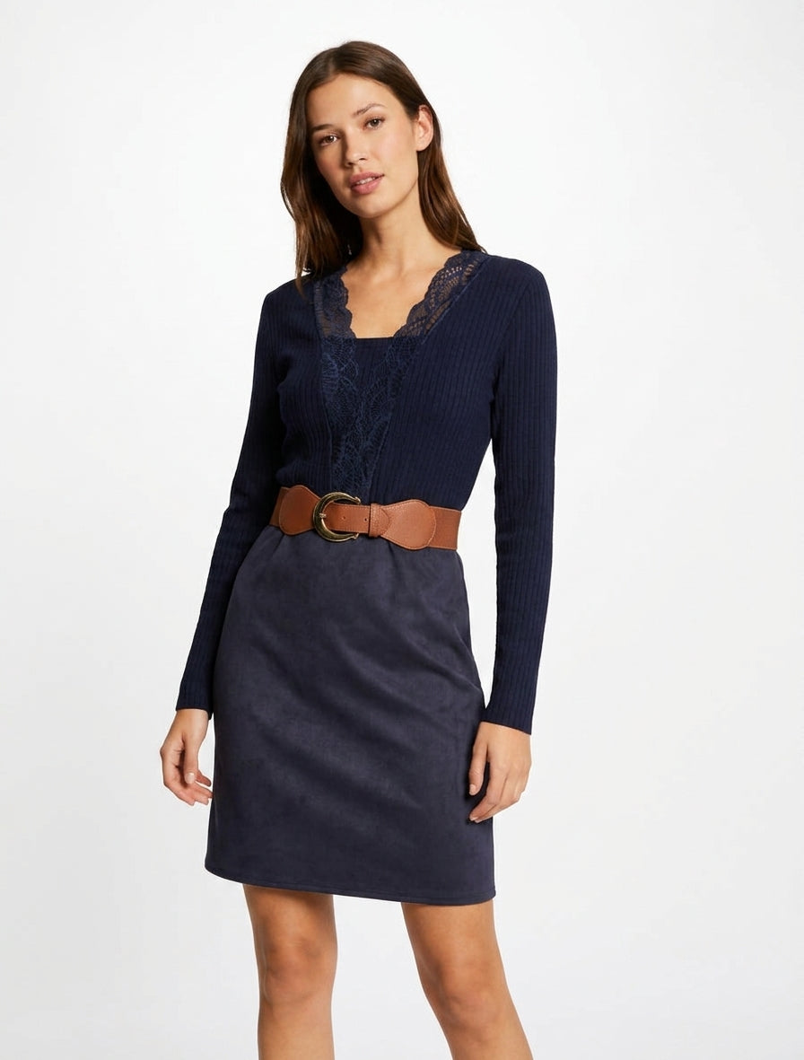 Robe droite bimatière à détail dentelle - Marine