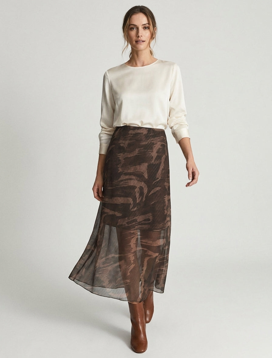 Lange rechte rok van iriserende voile met abstracte print - Bruin