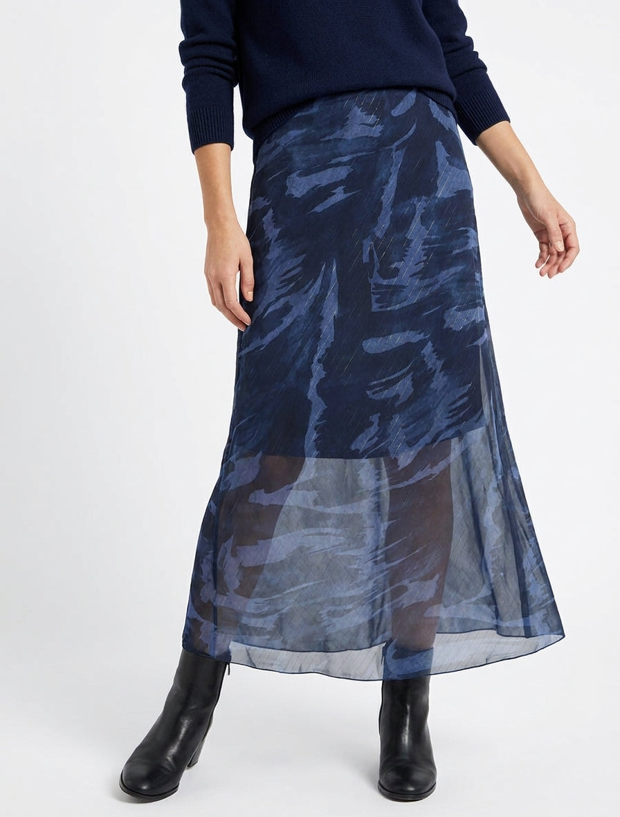 Lange rechte rok van iriserende voile met abstracte print - Marine