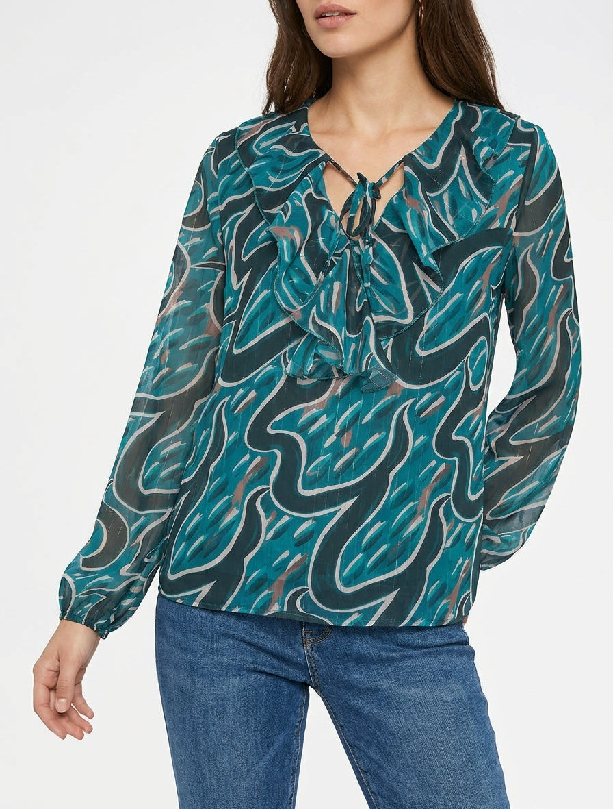 Rechtboven met rucheskraag en grafische print - Eendenblauw