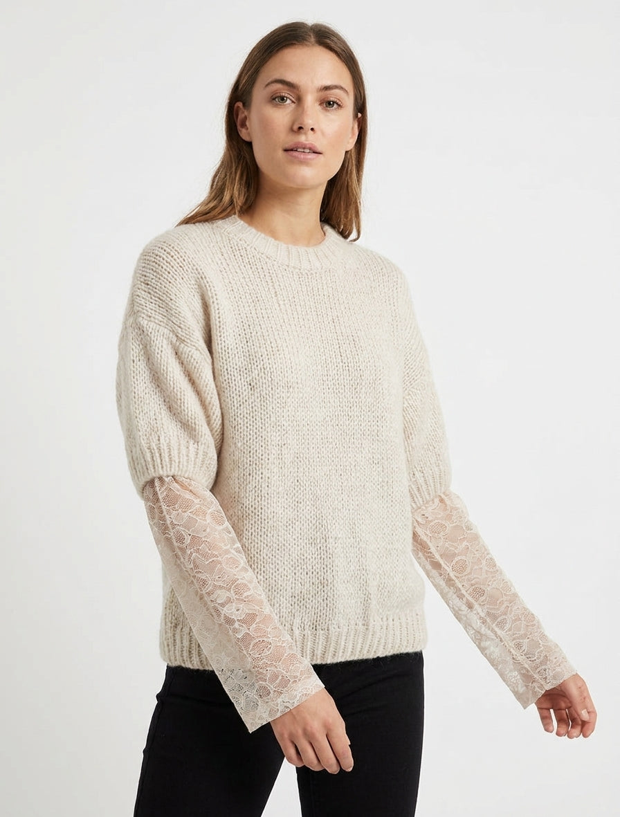 Pull uni à manches longues bimatière - Beige
