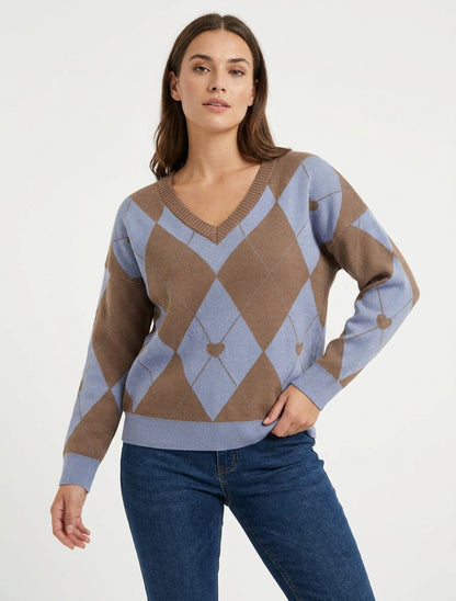 V-hals trui met ruitjesmotief en hart - Bruin/blauw
