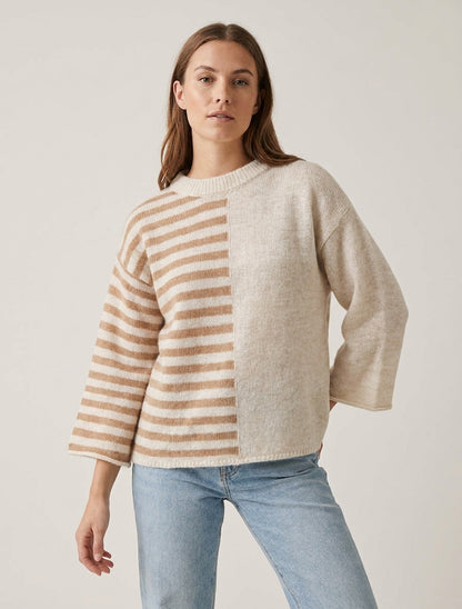 Pull en mohair mélangé à rayures et col rond - Beige