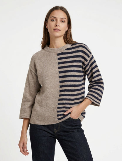 Pull en mohair mélangé à rayures et col rond - Taupe