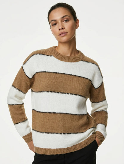 Pull à rayures tricolore en mohair mélangé - Camel