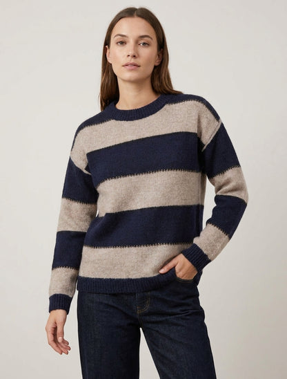 Pull à rayures tricolore en mohair mélangé - Marine