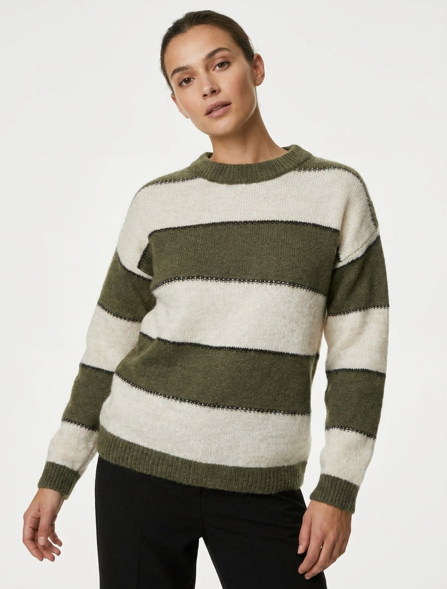 Pull à rayures tricolore en mohair mélangé - Kaki