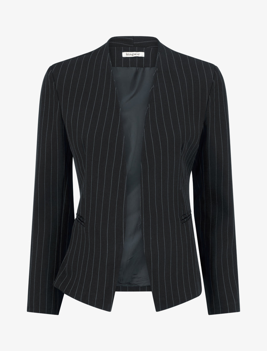 Blazer rayé à col droit - Noir - 1