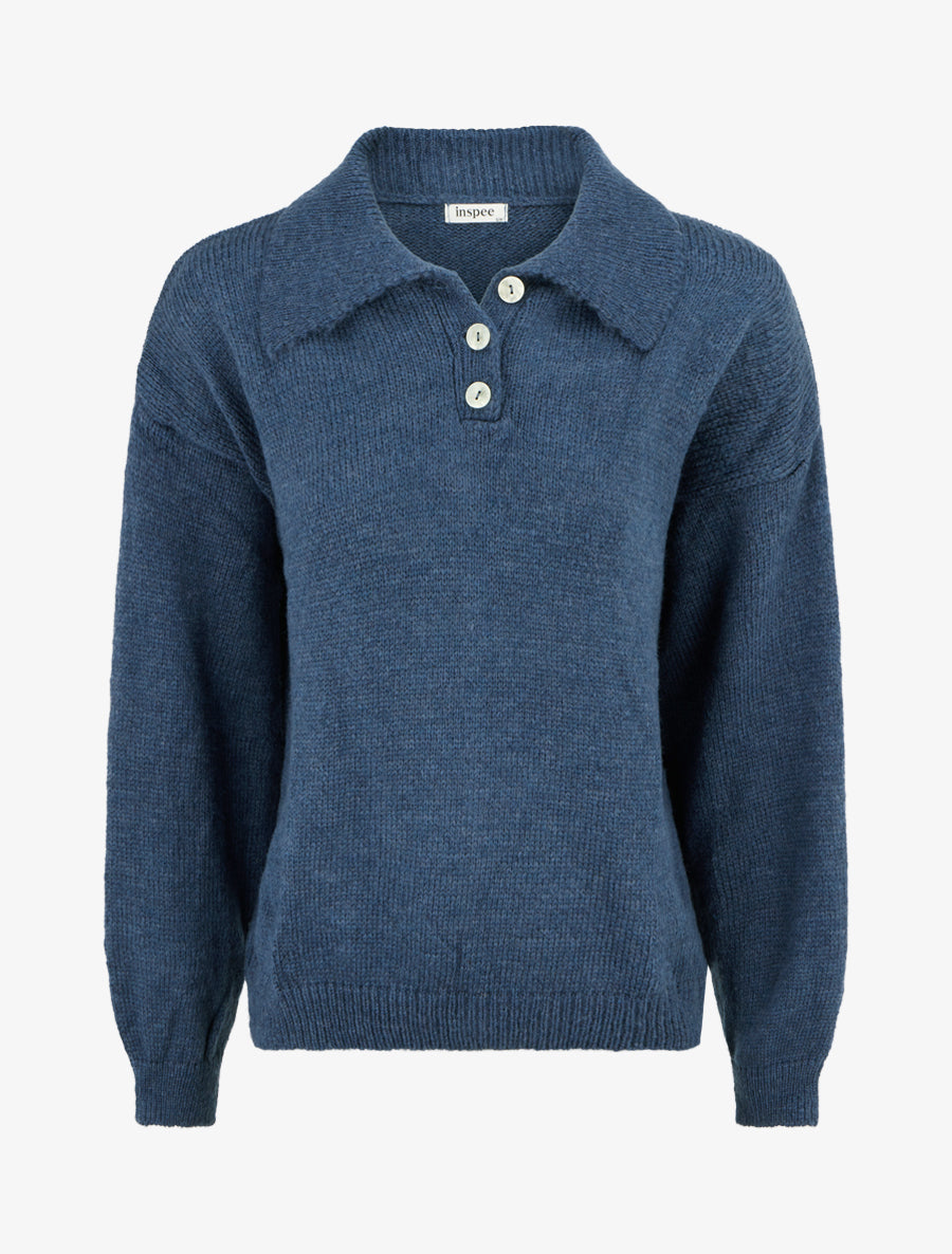 Pull en maille à col boutonné - Bleu canard - 1