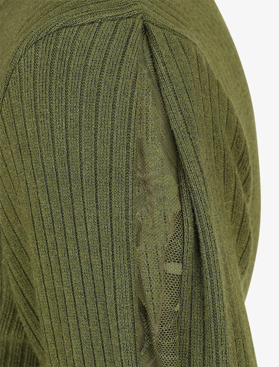Pull côtelé à manches détails dentelle - Vert - 3