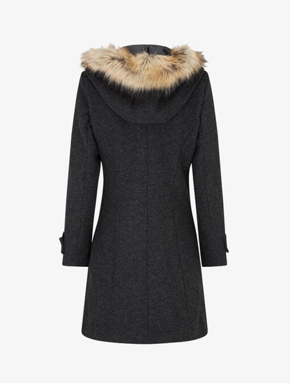 Manteau long à zip asymétrique avec fourrure sur la capuche - Gris foncé - 2
