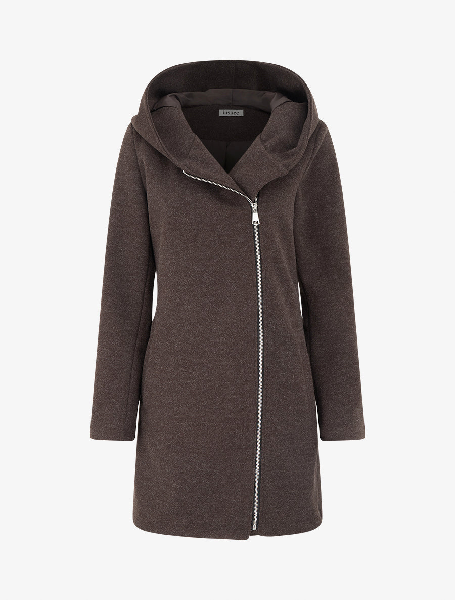 Manteau feutré à capuche et zip asymétrique - Marron - 1