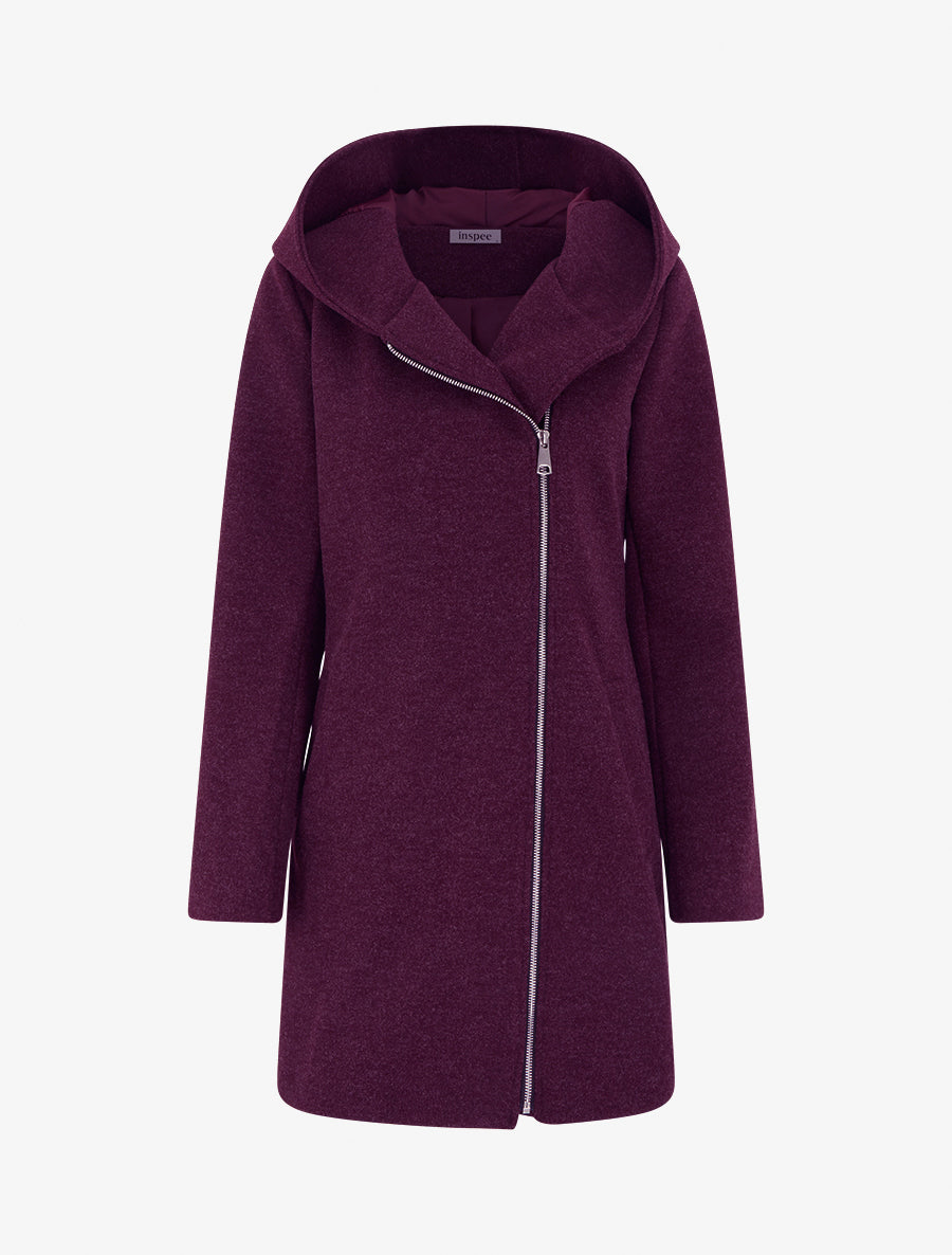 Manteau feutré à capuche et zip asymétrique - Lie de vin - 1