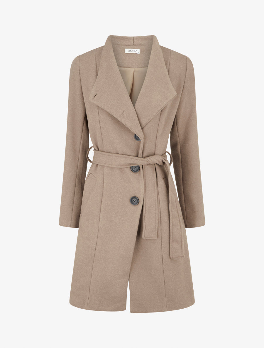 Manteau long boutonné ceinturé à la taille - Beige - 1