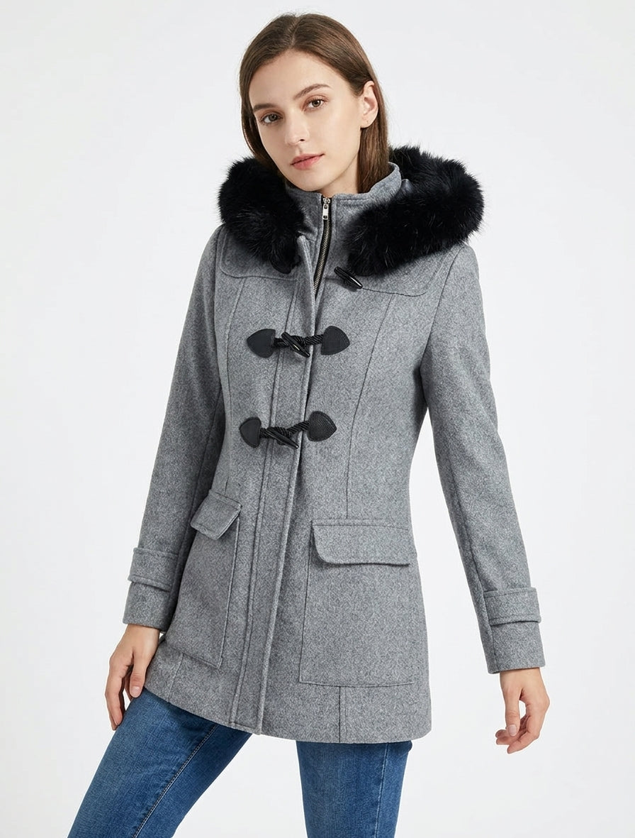 Effen duffelcoat met capuchon - Grijs
