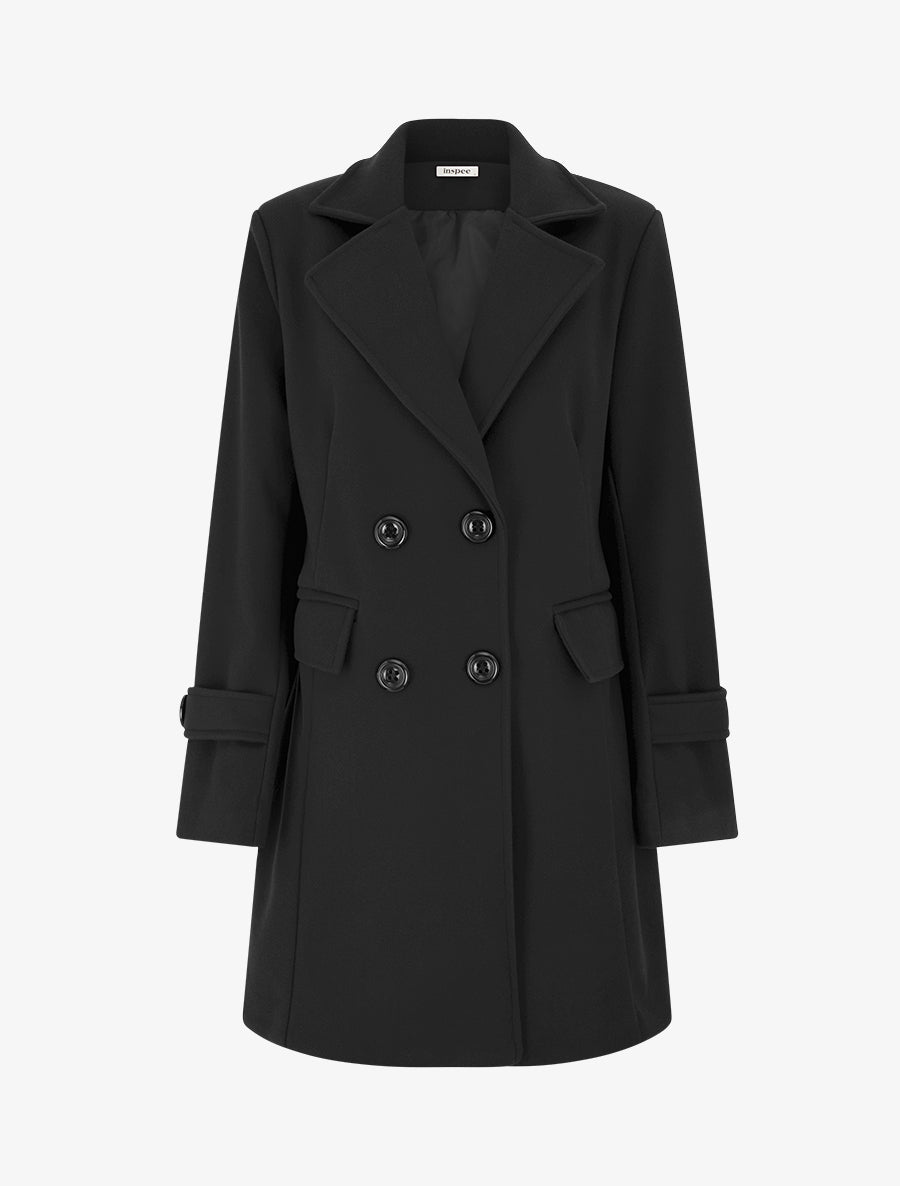 Manteau long croisé uni à col cranté et fermeture boutonnée - Noir - 1