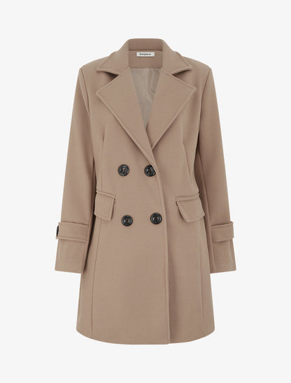 Manteau long croisé uni à col cranté et fermeture boutonnée - Beige foncé - 1