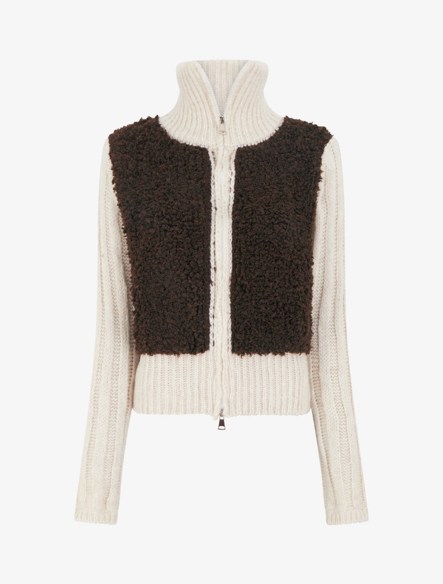 Gilet bicolore zippé à manches longues et col montant - Marron/blanc - 1