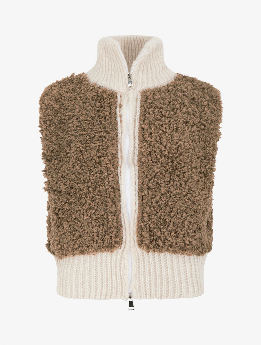 Gilet bicolore zippé sans manches effet bouclé - Camel/blanc - 1