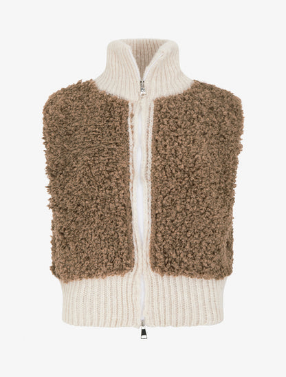 Gilet bicolore zippé sans manches effet bouclé - Camel/blanc - 1