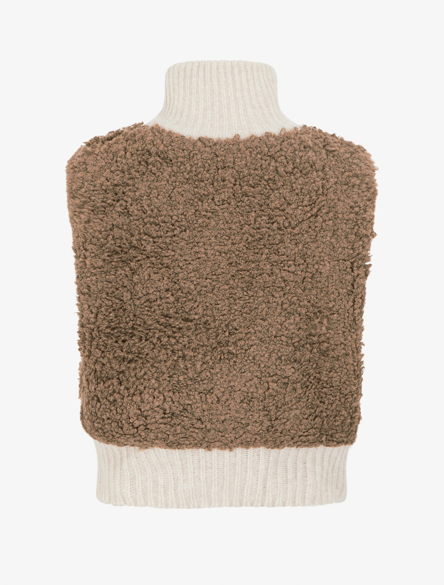 Gilet bicolore zippé sans manches effet bouclé - Camel/blanc - 2