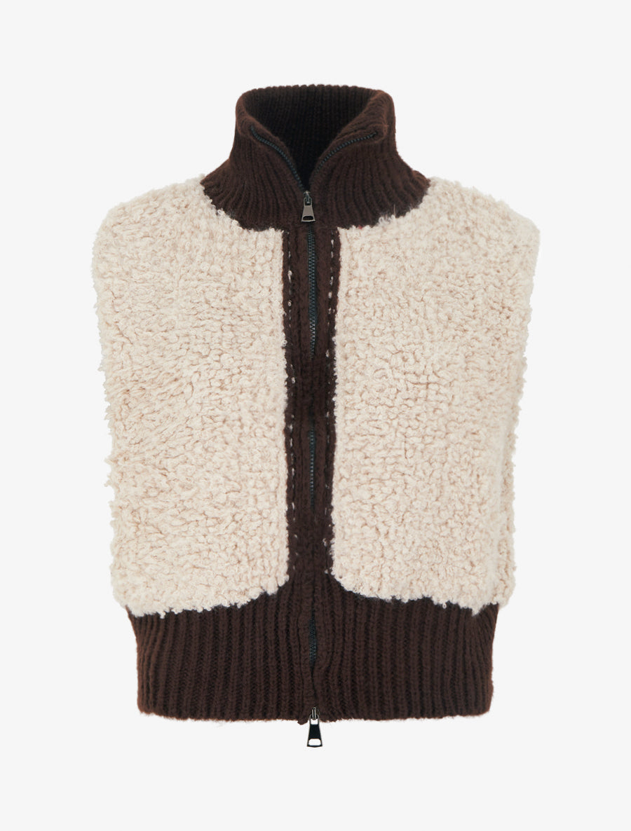 Gilet bicolore zippé sans manches effet bouclé - Blanc/marron - 1
