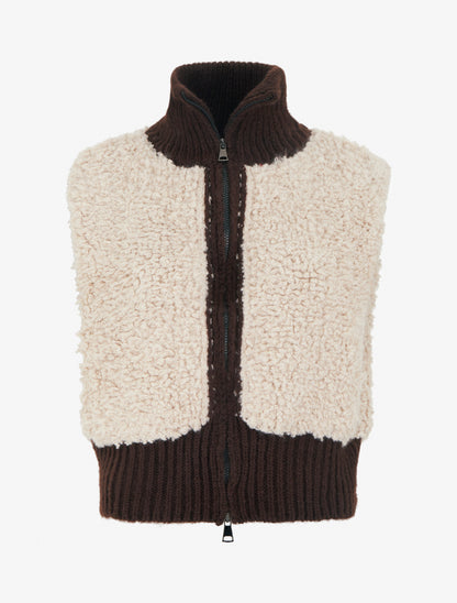 Gilet bicolore zippé sans manches effet bouclé - Blanc/marron - 1