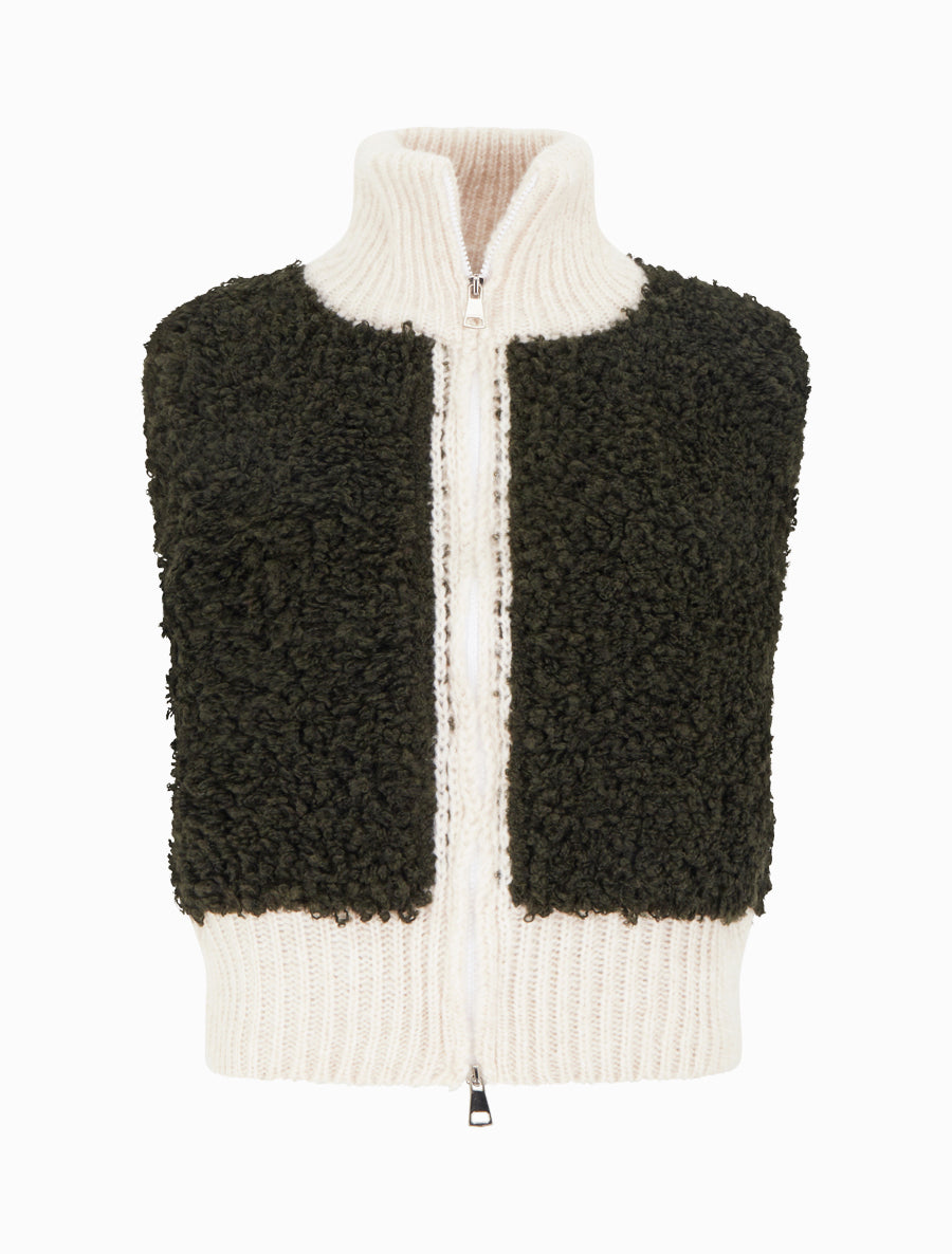 Gilet bicolore zippé sans manches effet bouclé - Kaki/blanc - 1