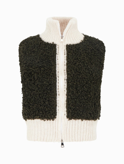 Gilet bicolore zippé sans manches effet bouclé - Kaki/blanc - 1