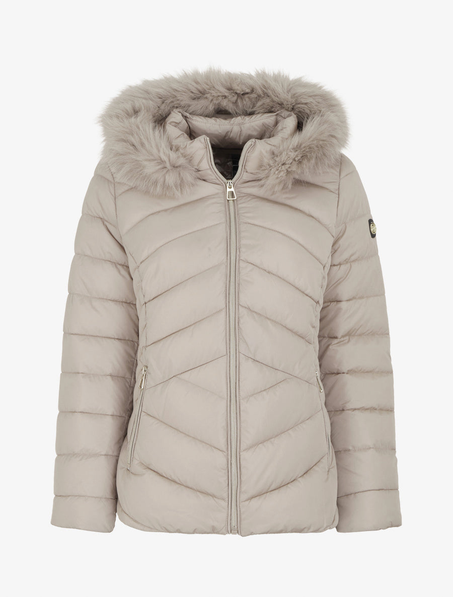 Doudoune coupe cintrée à capuche amovible ornée de fourrure - Taupe clair - 1