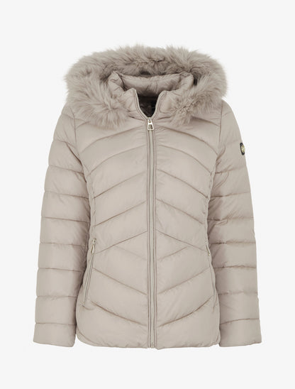 Doudoune coupe cintrée à capuche amovible ornée de fourrure - Taupe clair - 1