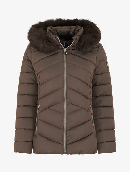 Doudoune coupe cintrée à capuche amovible ornée de fourrure - Marron - 1