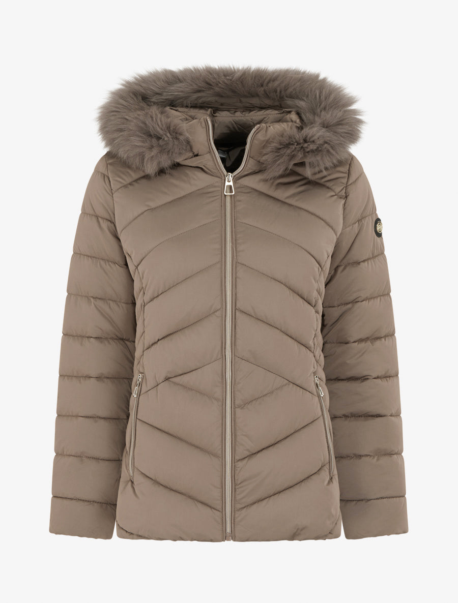 Doudoune coupe cintrée à capuche amovible ornée de fourrure - Taupe - 1