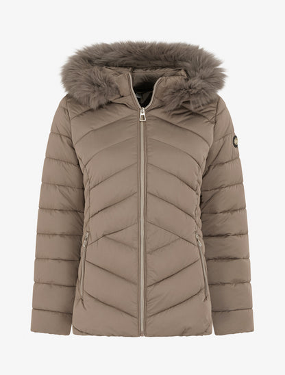 Doudoune coupe cintrée à capuche amovible ornée de fourrure - Taupe - 1