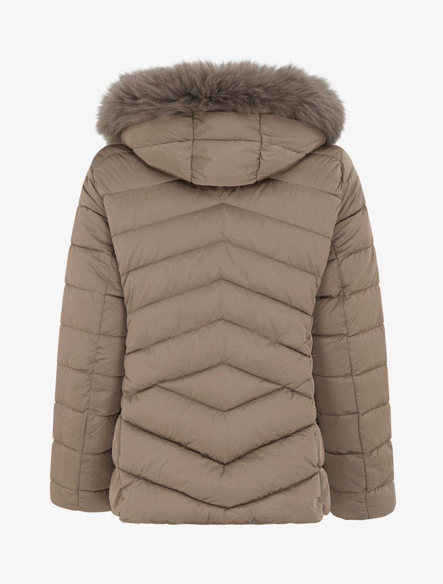 Doudoune coupe cintrée à capuche amovible ornée de fourrure - Taupe - 2