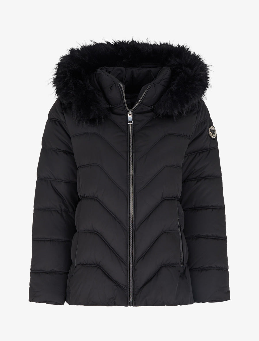 Doudoune à capuche amovible ornée de fourrure avec patch strassé - Noir - 1
