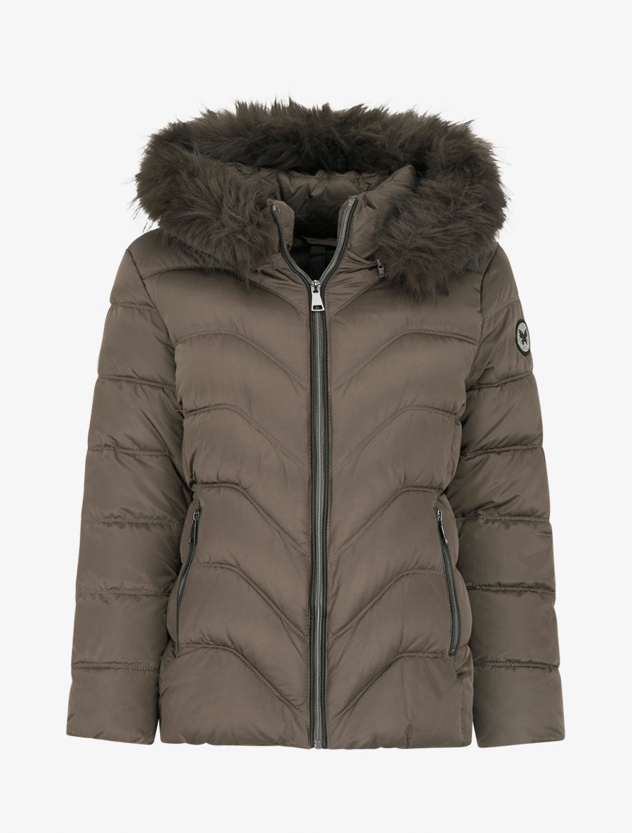 Doudoune à capuche amovible ornée de fourrure avec patch strassé - Taupe foncé - 1