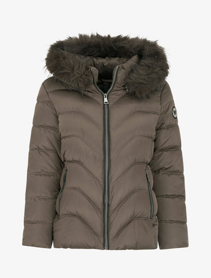 Doudoune à capuche amovible ornée de fourrure avec patch strassé - Taupe foncé - 1