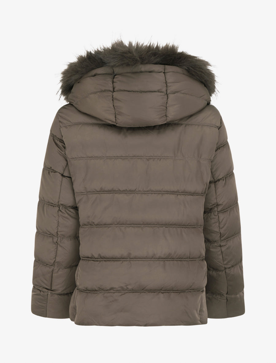 Doudoune à capuche amovible ornée de fourrure avec patch strassé - Taupe foncé - 2