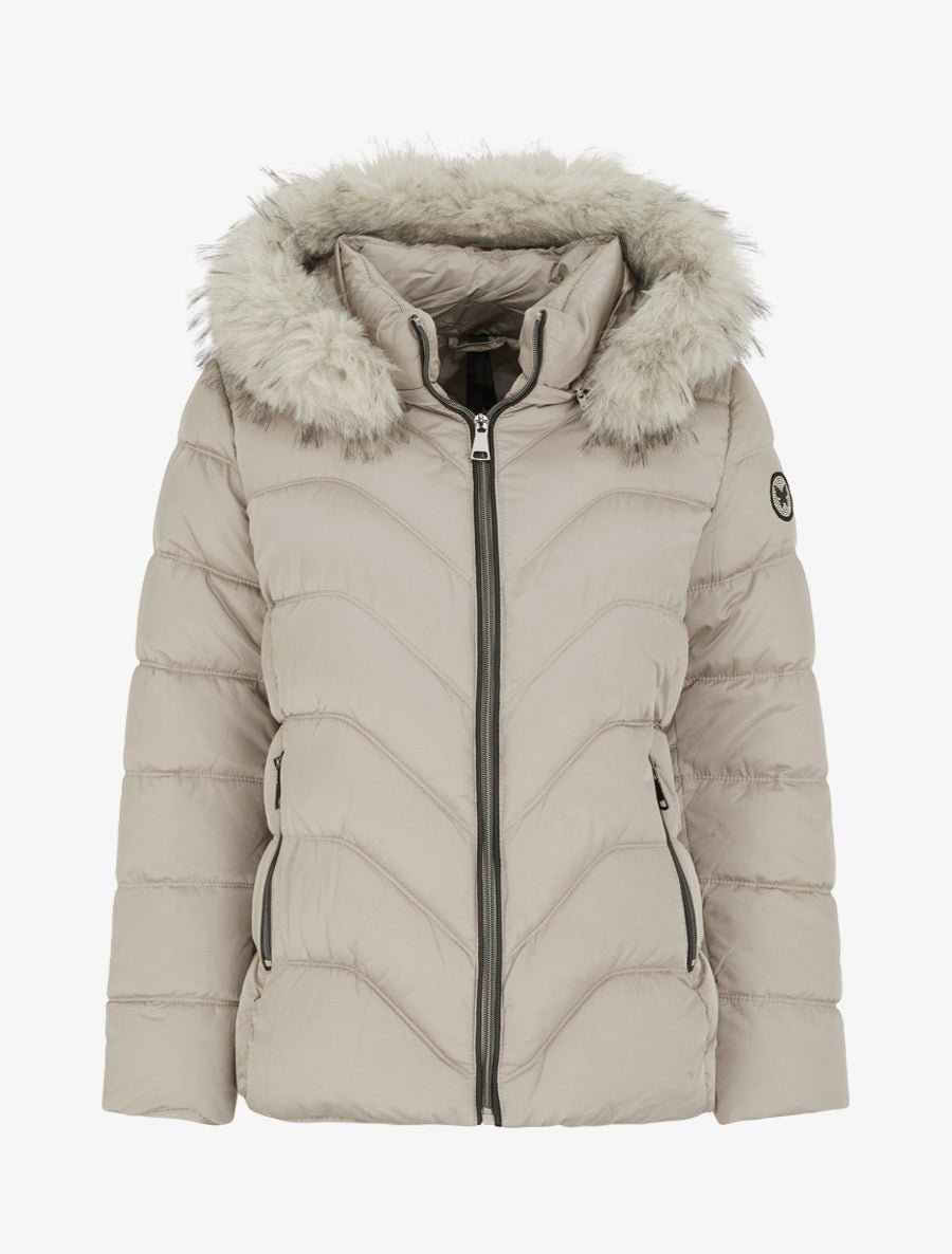 Doudoune à capuche amovible ornée de fourrure avec patch strassé - Taupe clair - 1