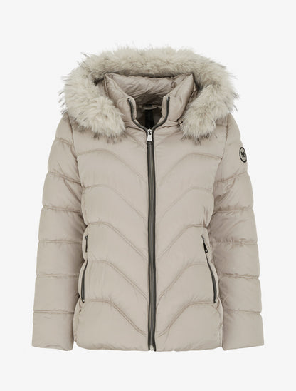 Doudoune à capuche amovible ornée de fourrure avec patch strassé - Taupe clair - 1