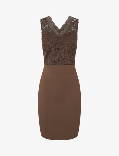 Robe ajustée sans manches à buste dentelle - Marron - 1