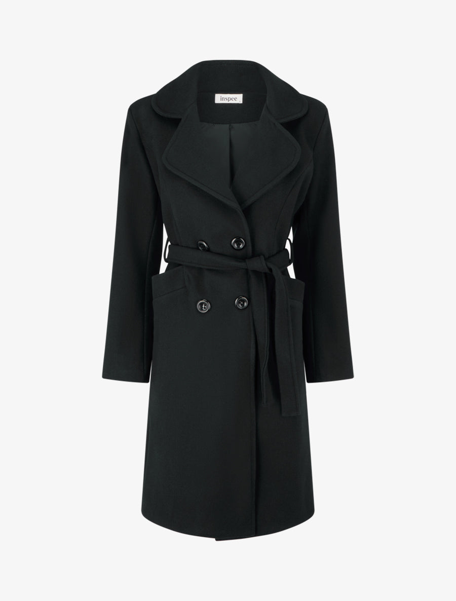 Manteau long croisé en laine mélangée - Noir - 1