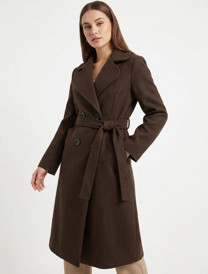 Manteau long croisé en laine mélangée - Marron